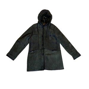 Pellegrino Genuine Shearling Hooded Coat Medium USA Italy Olive Green With Black
